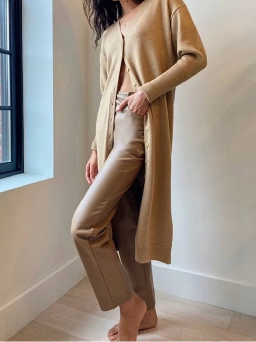 Aritzia Wilfred Utopia Cardigan Sweater Dress Tan 100% Merino Wool Small
